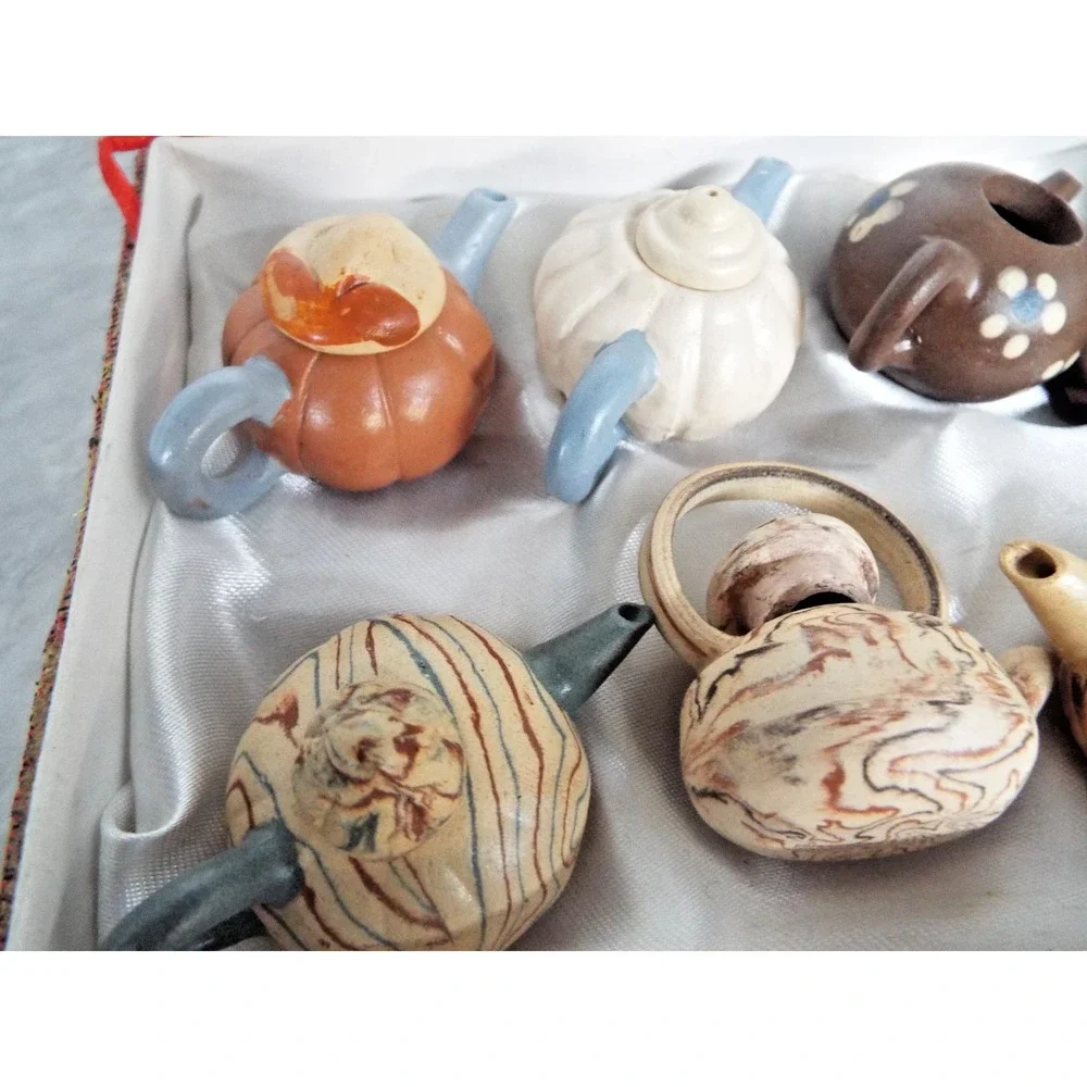 Vintage Set of 8 Yixing Zisha Purple Clay Miniature Teapots Chinese Gift Box